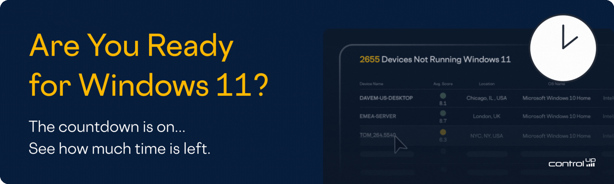 White clock with spinning hands next to a snapshot showing ControlUp UI of Windows 11 migration assessment tool on dark blue background