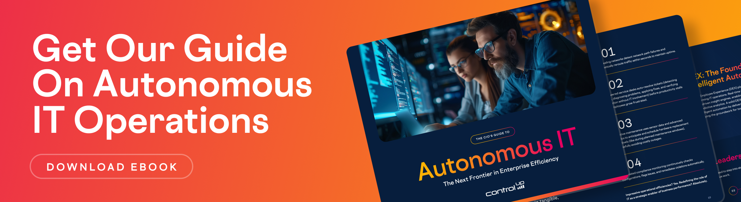 dark navy ebook cover about Autonomous IT showing a man and woman both with dark hair and glasses staring down at a computer screen in a dimly lit room