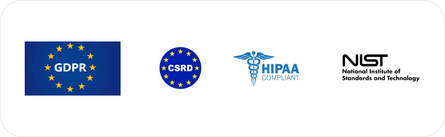 Logos for three compliance frameworks displayed side-by-side: the GDPR logo with the European Union flag, the HIPAA Compliant logo with a caduceus symbol, and the NIST (National Institute of Standards and Technology) logo.