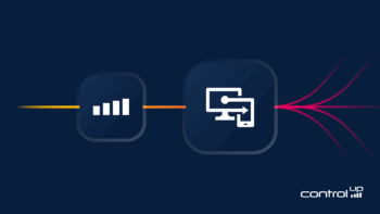 A decorative graphic on a dark blue background illustrating a technology integration. On the left, an icon representing data or signal strength flows into a central icon of a computer and smartphone. From the central icon, the path splits into two diverging streams of pink and red. The ControlUp logo is in the bottom right corner.