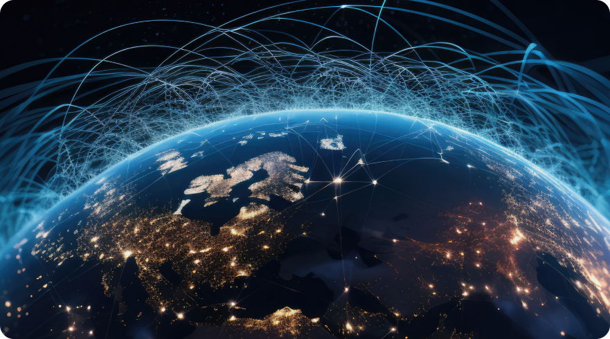 Global view of Earth at night, showing city lights across Europe and the Middle East, with glowing blue lines representing data networks and connections flowing across the globe. This image visually represents **IT sustainability challenges** related to complex **data collection** and the global interconnectedness of IT infrastructure.