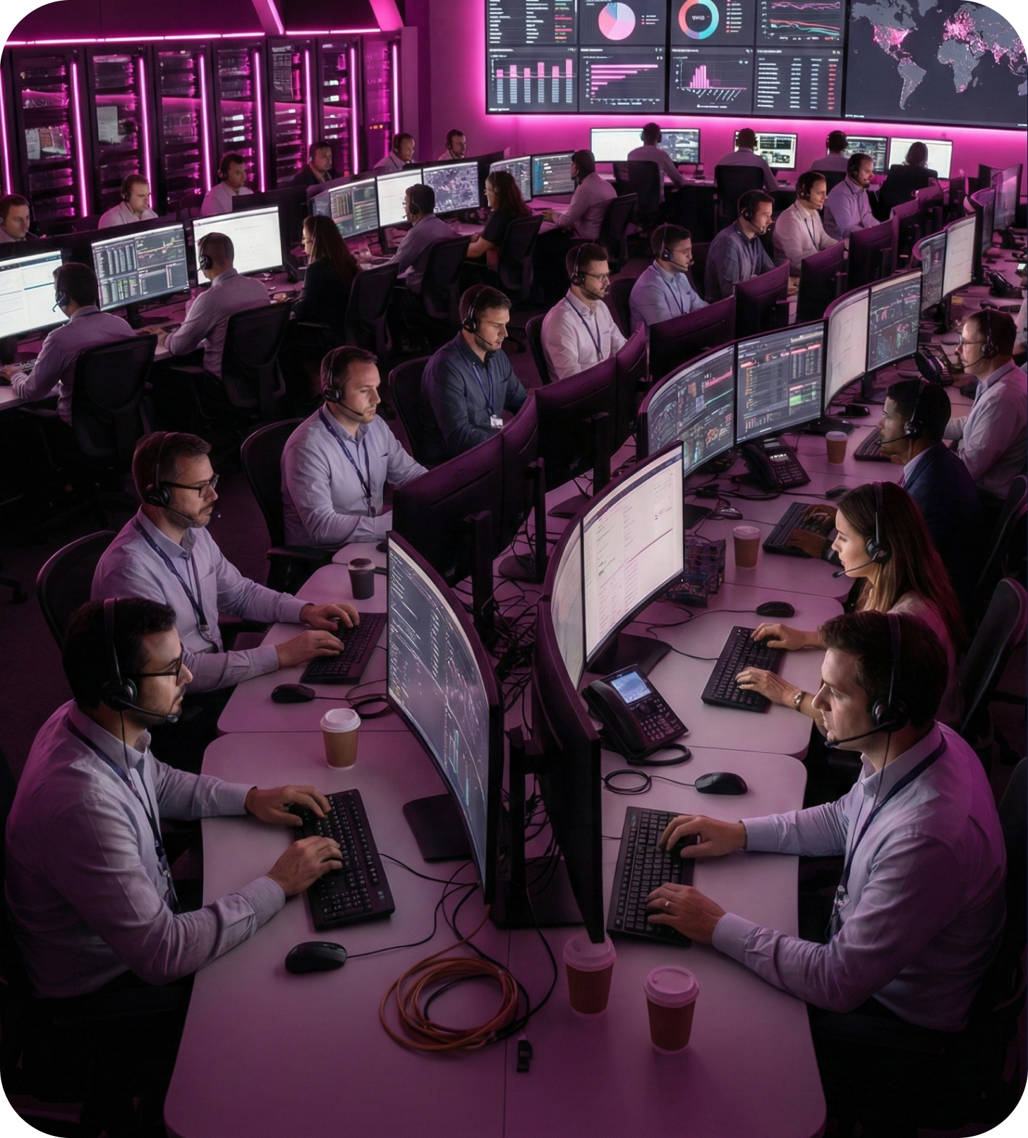 A large-scale Managed Service Provider (MSP) command center with support staff using headsets and multiple screens to monitor Digital Employee Experience (DEX)