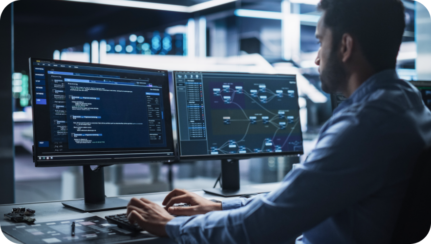 An IT professional sits at a desk in a high-tech control room, viewed from over his shoulder. He is working on a dual-monitor setup, with one screen showing lines of code and the other displaying a complex network topology map.