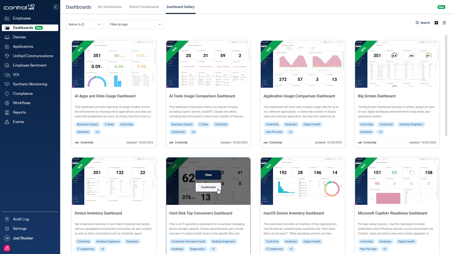 Screenshot of the ControlUp Dashboard Gallery showcasing numerous customizable data visualization tiles available to users. Key dashboards visible include "AI Apps and Sites Usage Dashboard," "Big Screen Dashboard," "Device Inventory Dashboard," and "Hard Disk Top Consumers Dashboard." The interface highlights the variety of insights available right out of the box.