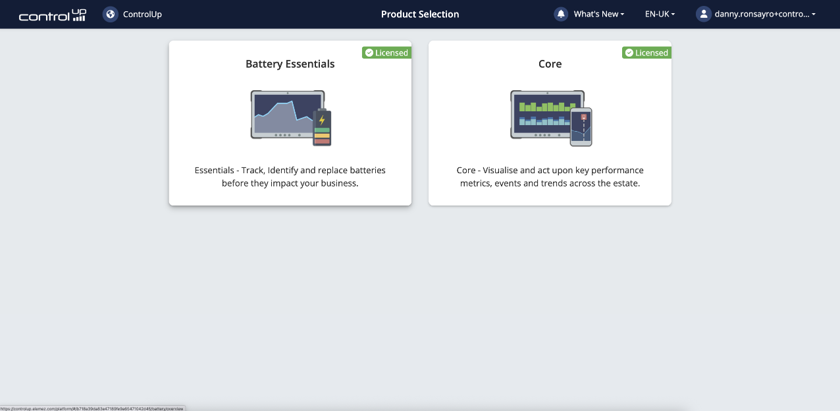A screenshot of the ControlUp for Frontline Workers "Product Selection" page, showing two licensed products: "Battery Essentials" and "Core."