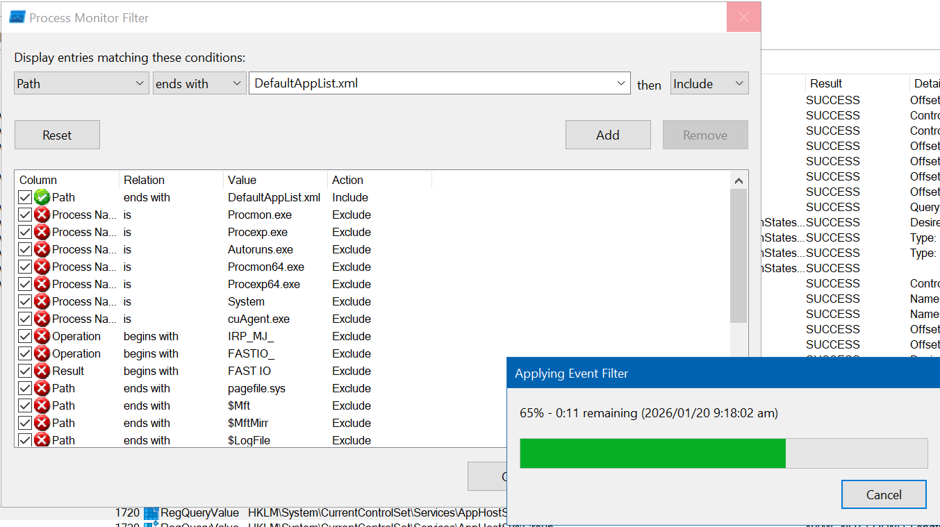 Process Monitor Filters Configured to find when Default File Associations is processed