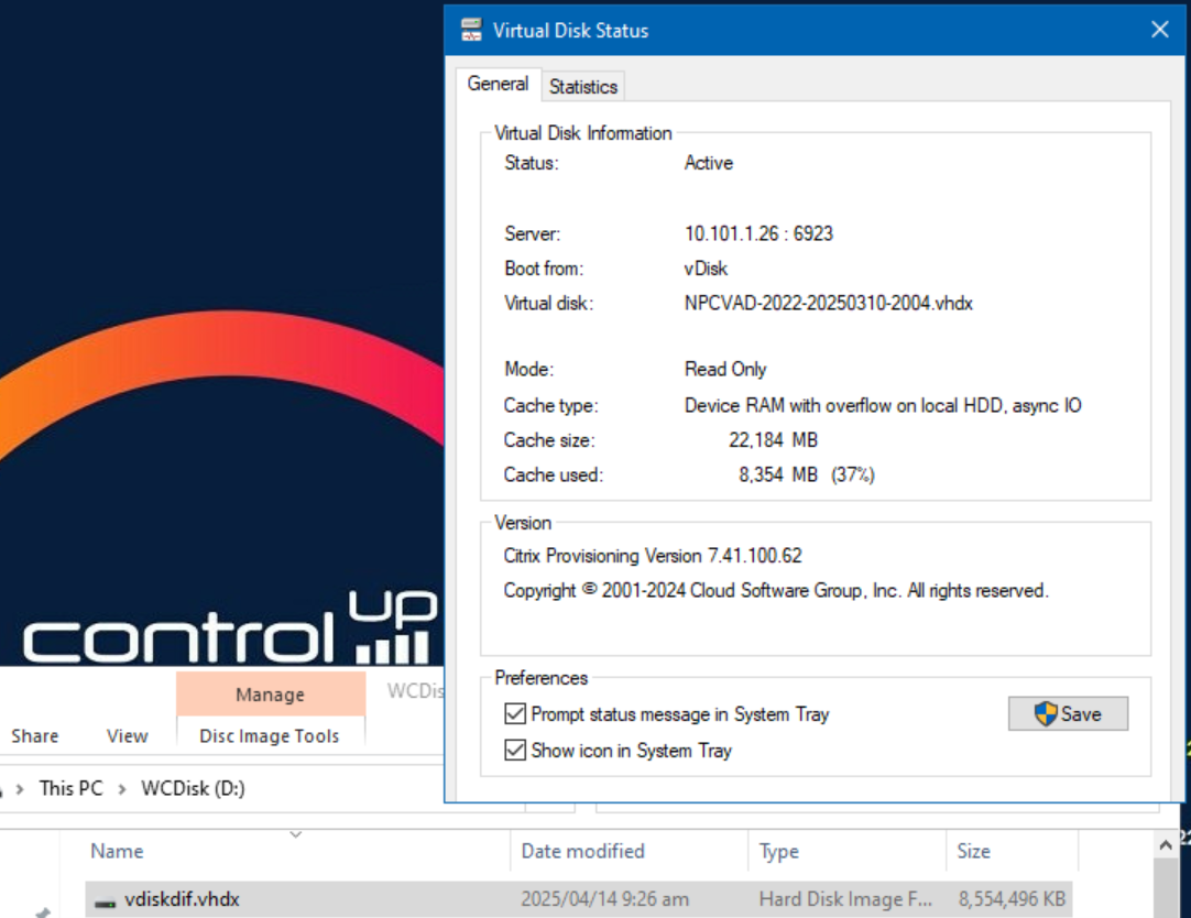 A screenshot showing the Citrix PVS cache file being 8GB in size