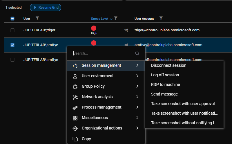 Screenshot of Solve Actions available in ControlUp.