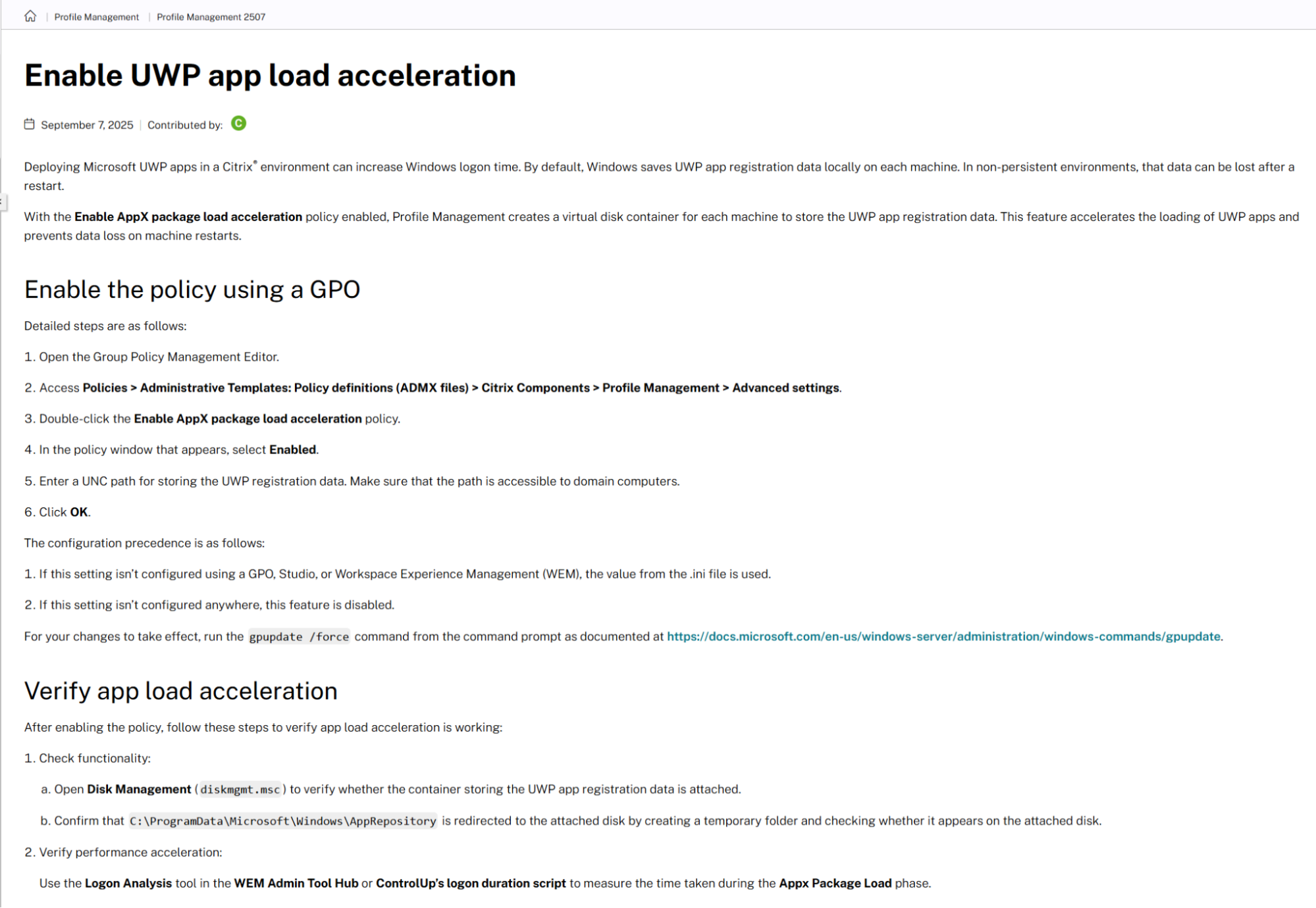 Screenshot of the Citrix Support page for enabling UWP app load acceleration