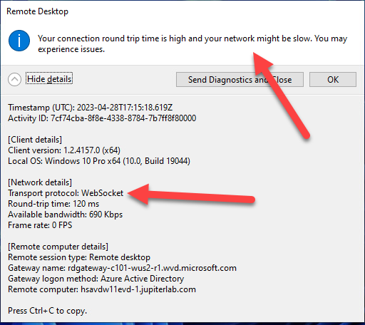 Remote Desktop view when not using Shortpath.