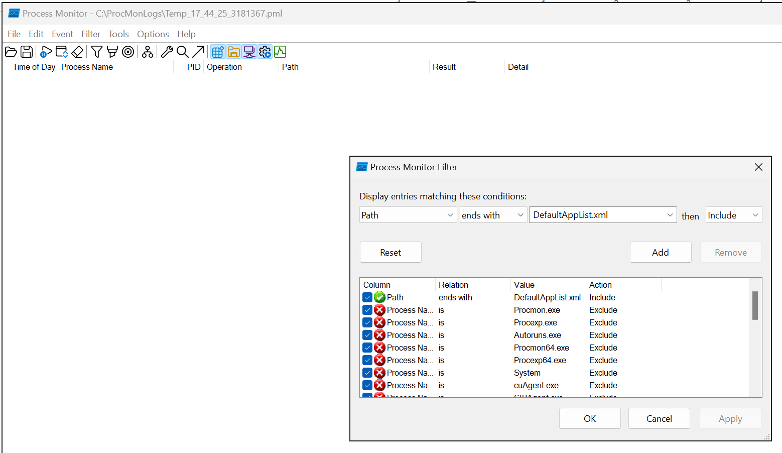 Procmon filter shows no output
